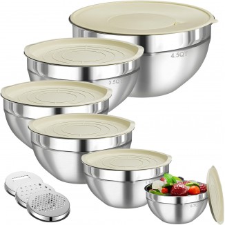 Winproper Mixing Bowls with Lids Set, 6 PCS Stainless Steel Mixing Bowls with 3 Grater Attachments, Kitchen Food Storage Organizers Nesting Mixing Bowl