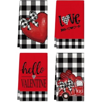 Artoid Mode Red Buffalo Plaid Love Bowknot Truck Valentine's Day Kitchen Towels Dish Towels, 18x26 Inch Anniversary Decoration Hand Towels Set of 4