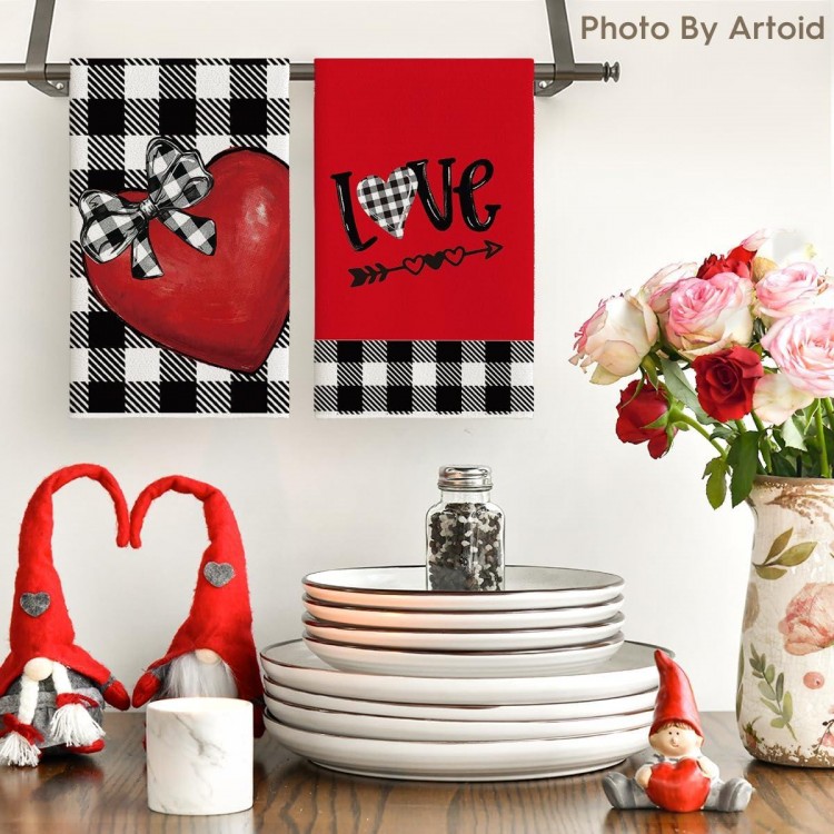 Artoid Mode Red Buffalo Plaid Love Bowknot Truck Valentine's Day Kitchen Towels Dish Towels, 18x26 Inch Anniversary Decoration Hand Towels Set of 4