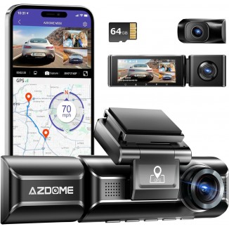 AZDOME M550 4K WiFi 3 Channel On Dash Cam, Dual Front and Rear for Car 4K+1080P Free 64GB Card, Built-in GPS 24H Parking Mode IR Night Vision WDR 3.19 IPS, Max up Support to 256GB, Easy to Install