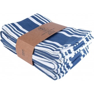 Indigo Blue White Stripe Set of 4 Kitchen Dish Towels 20X30 Inch Extra Large Highly Absorbent 100% Cotton Hand Towel Mitered Corners for Bar & Tea and Household Use with Hanging Loop