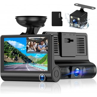 3 Channel Dash Cam Front and Rear Inside, 1080p 4 Inches 170° Wide Angle Dashcam, Dash Camera for Cars with 32GB Card, Super Night Vision, Loop Recording, G-Sensor, Motion Detection, Parking Mode