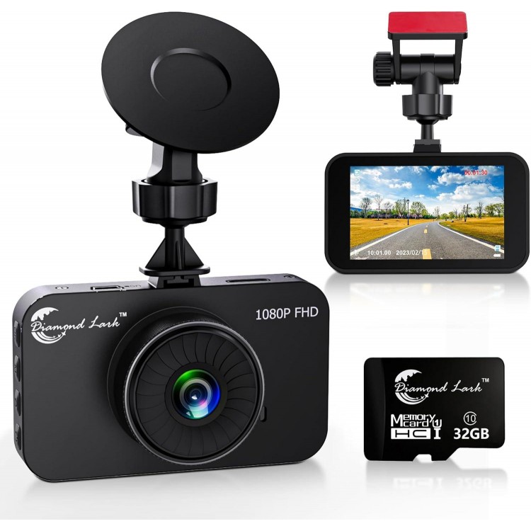 1080P Full HD Dash Camera for Cars, Diamond Lark Dash Cam Front with 32G SD Card, 3”LCD Screen, 170°Wide Angle, Dashboard DashCam with Loop Recording, HDR, Night Vision, G-Sensor, Parking Monitor