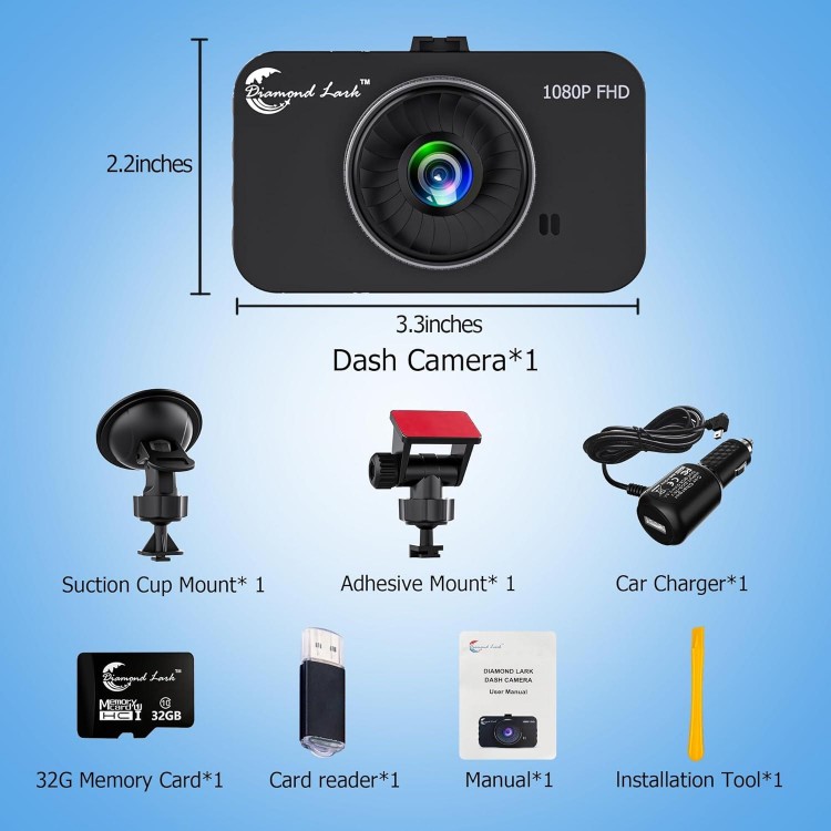 1080P Full HD Dash Camera for Cars, Diamond Lark Dash Cam Front with 32G SD Card, 3”LCD Screen, 170°Wide Angle, Dashboard DashCam with Loop Recording, HDR, Night Vision, G-Sensor, Parking Monitor