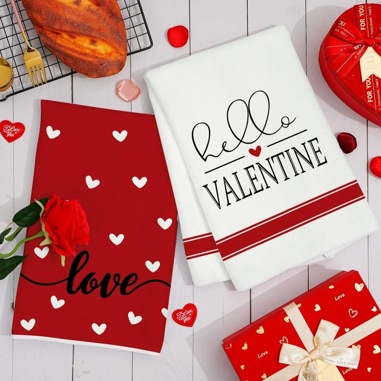 AnyDesign Valentine's Day Kitchen Towels 18 x 28 Inch Red White Hearts Dish Towel Sweet Love Hello Valentine Hand Drying Tea Towel for Wedding Anniversary Cooking Baking, 2Pcs