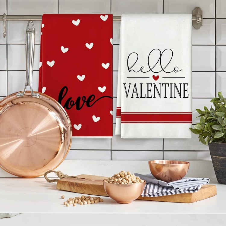AnyDesign Valentine's Day Kitchen Towels 18 x 28 Inch Red White Hearts Dish Towel Sweet Love Hello Valentine Hand Drying Tea Towel for Wedding Anniversary Cooking Baking, 2Pcs