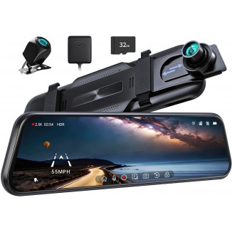 Pelsee P10 2.5K Rear View Mirror Camera, 10'' Mirror Dash Cam Smart Driving Assistant w/ADAS and BSD, Front and Rear Camera for Cars Trucks,Night Vision,Voice Control,Parking Mode,Free 32GB Card&GPS