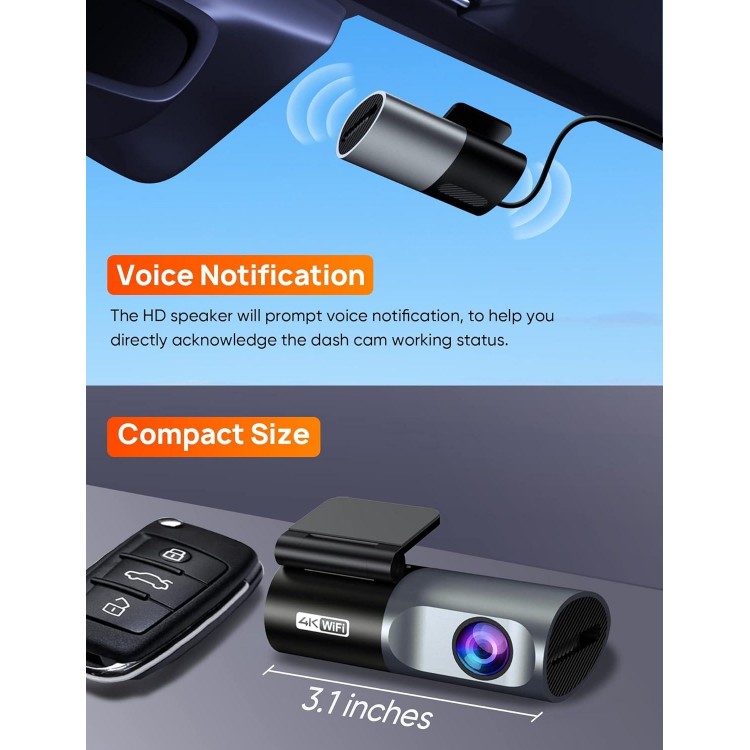 4K WiFi 2160P Dash Camera for Cars, Cam Front Recorder with App, 24 Hours Parking Mode, G-Sensor, Night Vision, Loop Recording, Support 256GB Max