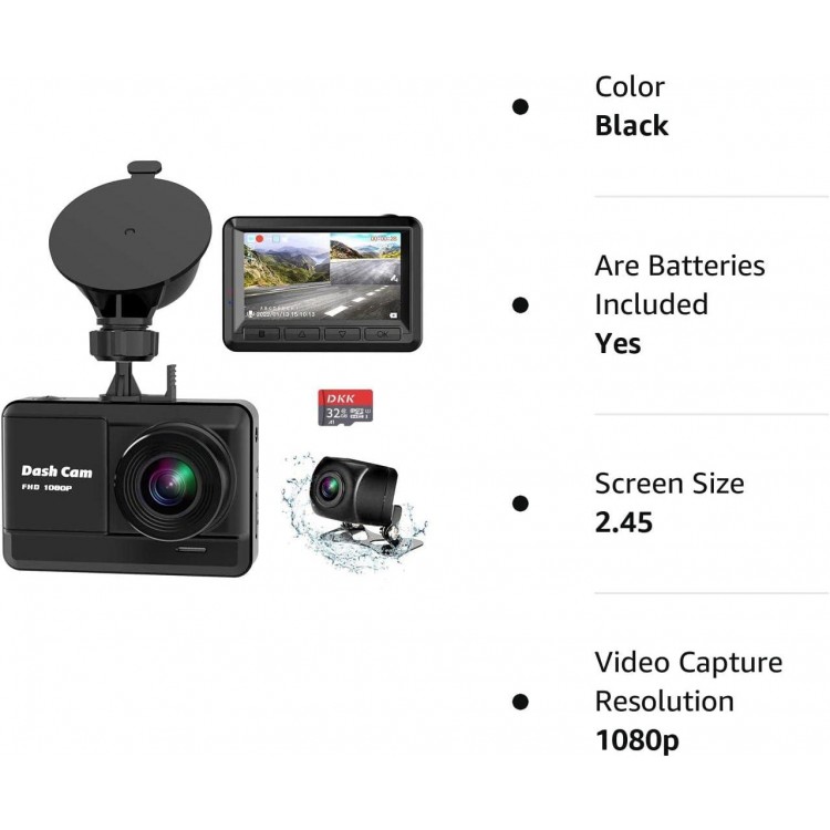 Dash Cam Front and Rear, Mini Dash Cam 1080P Full HD with 32GB SD Card, 2.45 inch IPS Screen, 2 Mounting Ways, Night Vision, WDR, Accident Lock, Loop Recording, Parking Monitor