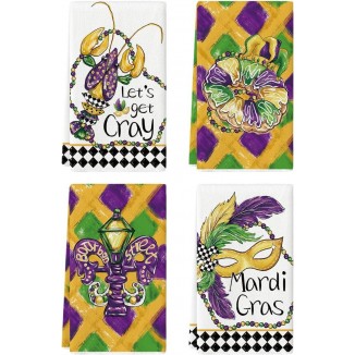 Artoid Mode Purple Iris Mask Lobster Doughnut Beads Mardi Gras Kitchen Towels Dish Towels, 18x26 Inch Seasonal Decoration Hand Towels Set of 4
