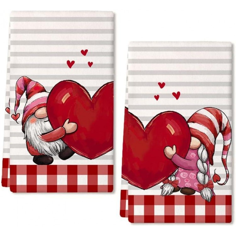 ARKENY Valentine Day Kitchen Towels Red Heart Dish Towels 18x26 Inch Ultra Absorbent Wedding Drying Cloth Gnome Sign Hand Towel for Valentine Decorations Set of 2