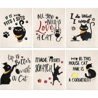 6 Pcs Funny Black Cat Swedish Kitchen Dishcloths, Reusable Sponge Swedish Cleaning Cloths Washable Dish Cloths Absorbent and Halloween Decorative Kitchen Towels Housewarming Gifts for Kitchen Bathroom