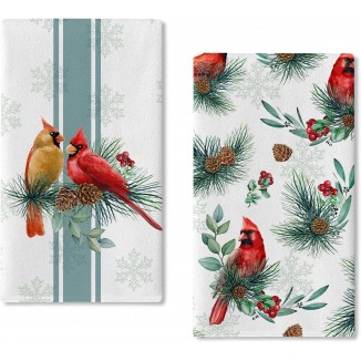 Seliem Winter Couple Cardinal Pine Cones Kitchen Dish Towel Set of 2, Red Bird Berry Blue Grey Hand Drying Baking Cooking Cloth, Snow Snowflake Christmas Holiday Decor Home Decoration 18 x 26 Inch