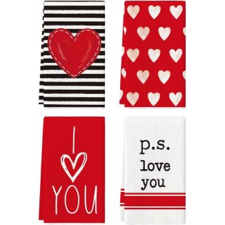 Artoid Mode Red Heart Stripe I Love You Valentine's Day Kitchen Towels Dish Towels, 18x26 Inch Anniversary Wedding Decoration Hand Towels Set of 4