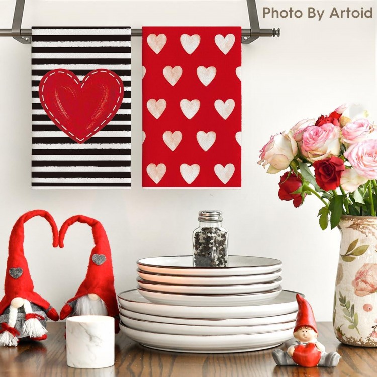 Artoid Mode Red Heart Stripe I Love You Valentine's Day Kitchen Towels Dish Towels, 18x26 Inch Anniversary Wedding Decoration Hand Towels Set of 4