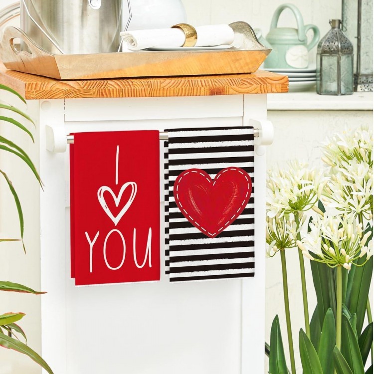 Artoid Mode Red Heart Stripe I Love You Valentine's Day Kitchen Towels Dish Towels, 18x26 Inch Anniversary Wedding Decoration Hand Towels Set of 4