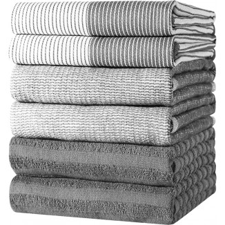 HYER KITCHEN Premium Kitchen Towels, Large Cotton Dish Towels, Flat & Terry Hand Towel Highly Absorbent Tea Towels Set with Hanging Loop, Pack of 6, 18 x 26 Inch, Gray