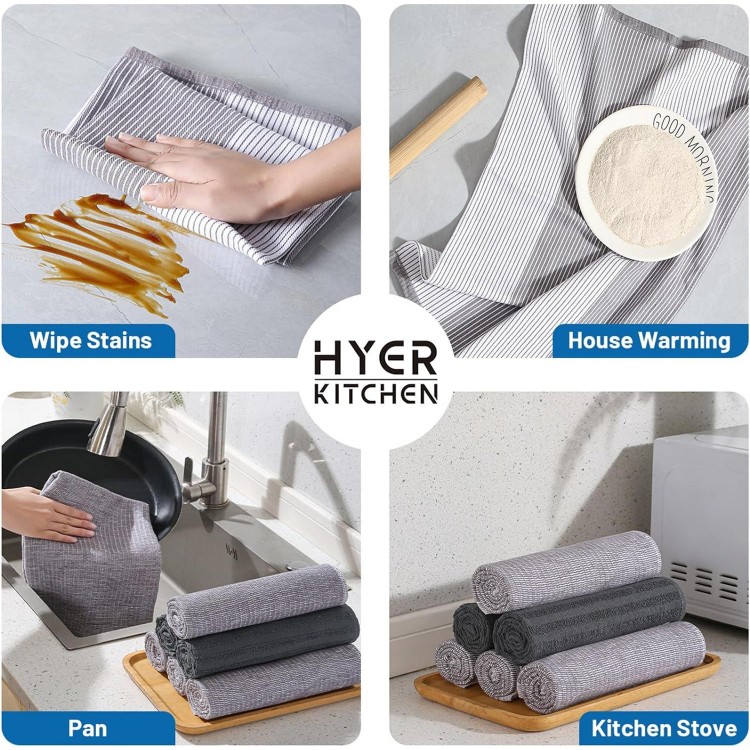 HYER KITCHEN Premium Kitchen Towels, Large Cotton Dish Towels, Flat & Terry Hand Towel Highly Absorbent Tea Towels Set with Hanging Loop, Pack of 6, 18 x 26 Inch, Gray