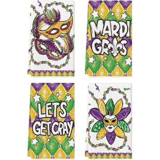 Artoid Mode Mask Beads Mardi Gras Kitchen Towels Dish Towels, 18x26 Inch Let's Get Cray Seasonal Decoration Hand Towels Set of 4