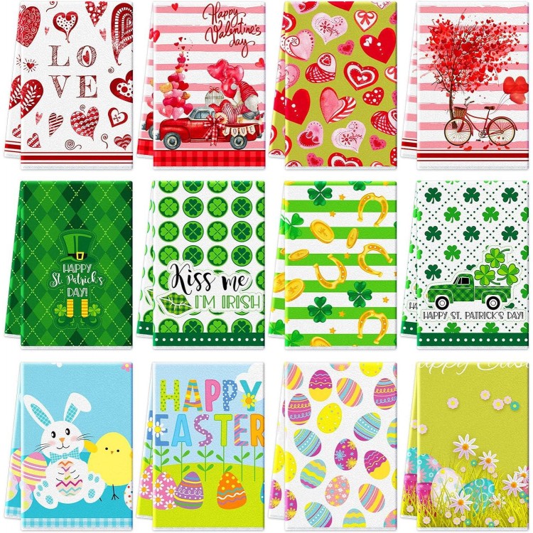 12 Pcs Valentines Day Kitchen Towels St. Patrick's Day Kitchen Towels and Easter Kitchen Towels Set, 16 x 24 Inch Holiday Heart Shamrock Eggs Hand Drying Dish Towels for Bathroom Indoor Party Gifts