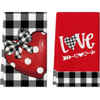 Artoid Mode Red Buffalo Plaid Heart Love Bowknot Valentine's Day Kitchen Towels Dish Towels, 18x26 Inch Anniversary Decoration Hand Towels Set of 2