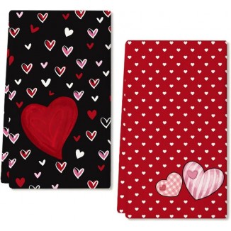 ARKENY Valentine Day Kitchen Towels Set of 2,Black Red Watercolor Heart Dish Towels 18x26 Inch Drying Dishcloth,Farmhouse Home Wedding Decoration AD184