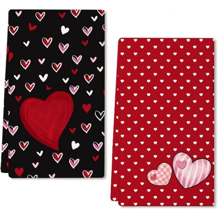 ARKENY Valentine Day Kitchen Towels Set of 2,Black Red Watercolor Heart Dish Towels 18x26 Inch Drying Dishcloth,Farmhouse Home Wedding Decoration AD184