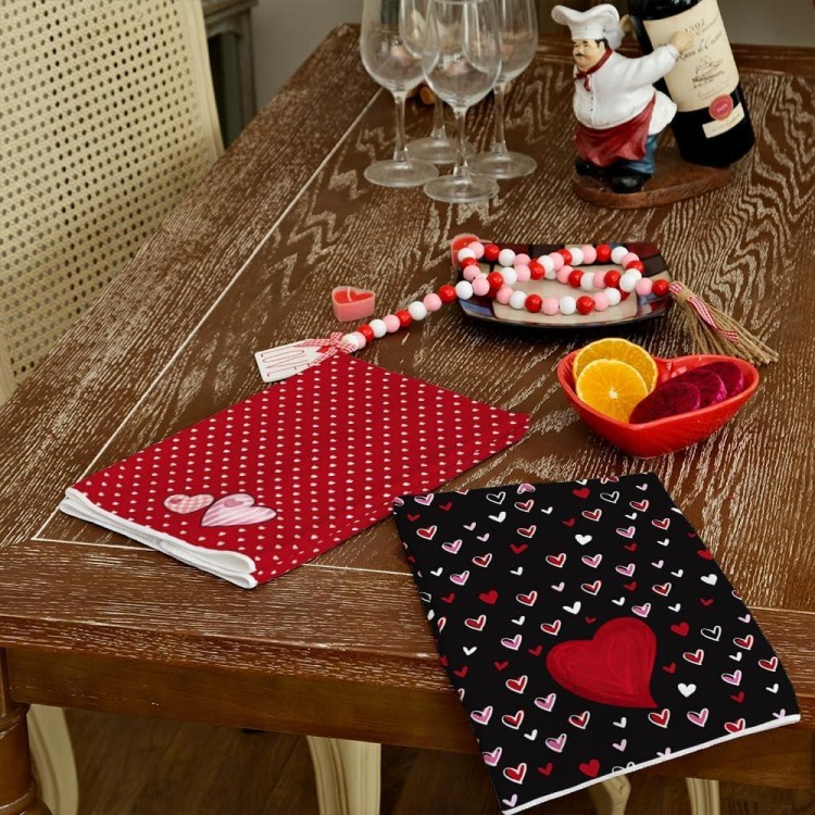 ARKENY Valentine Day Kitchen Towels Set of 2,Black Red Watercolor Heart Dish Towels 18x26 Inch Drying Dishcloth,Farmhouse Home Wedding Decoration AD184