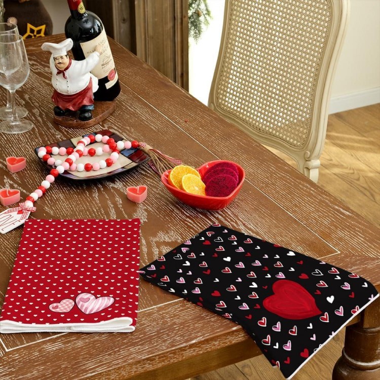 ARKENY Valentine Day Kitchen Towels Set of 2,Black Red Watercolor Heart Dish Towels 18x26 Inch Drying Dishcloth,Farmhouse Home Wedding Decoration AD184