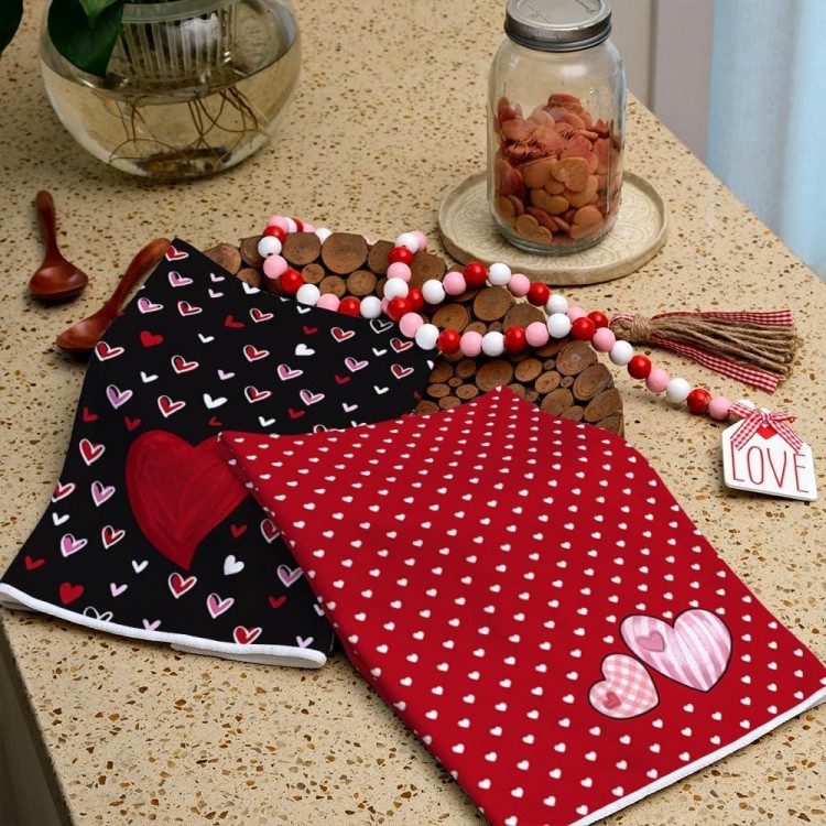 ARKENY Valentine Day Kitchen Towels Set of 2,Black Red Watercolor Heart Dish Towels 18x26 Inch Drying Dishcloth,Farmhouse Home Wedding Decoration AD184