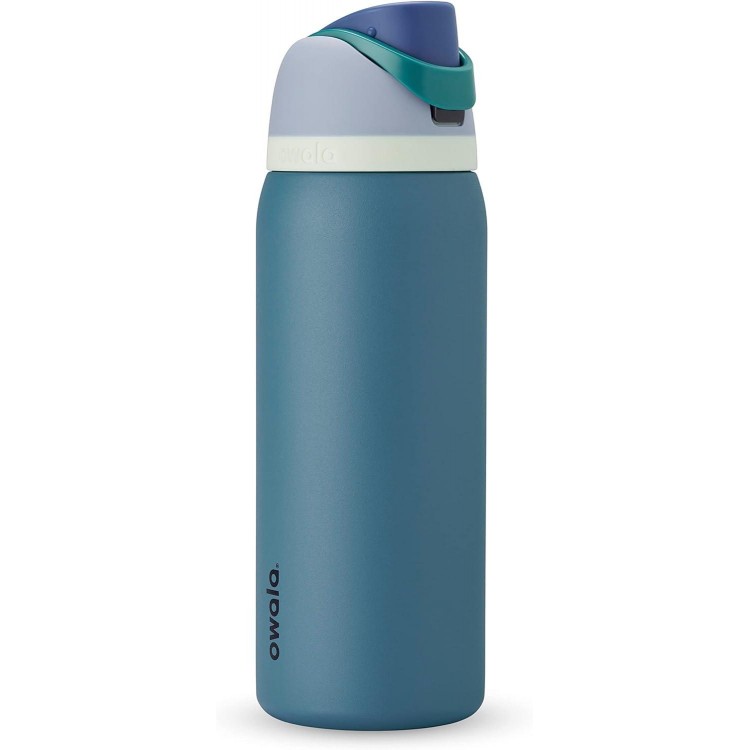 Owala FreeSip Insulated Stainless Steel Water Bottle with Straw for Sports and Travel, BPA-Free, 40-oz, Blue/Teal (Denim) & 2-in-1 Water Bottle and Straw Cleaning Brush, Smokey Blue