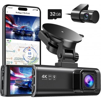 REDTIGER Dash Cam Front Rear, 4K/2.5K Full HD Dash Camera for Cars, Free 32GB Card, Built-in Wi-Fi GPS, 3.16” IPS Screen, Night Vision, 170°Wide Angle, WDR, 24H Parking Mode