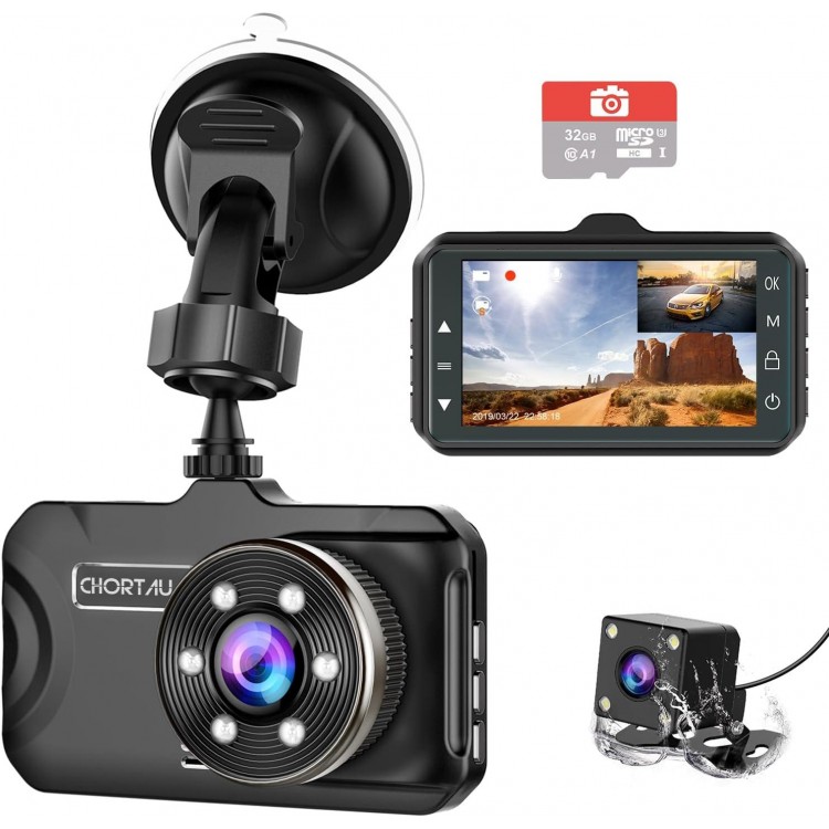 Dash Cam Front and Rear CHORTAU Dual Dash Cam 3 inch Dashboard Camera Full HD 170° Wide Angle Backup Camera with Night Vision WDR G-Sensor Parking Monitor Loop Recording Motion Detection