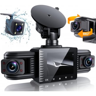 iiwey T1-pro Dash Cam Front and Rear Inside 3 Channel 1080P, Adjustable Lens Dash Camera for Cars with 8 IR Lamps Night Vision, Three Ways Triple Car Camera, Loop Recording, G-Sensor, Parking Monitor