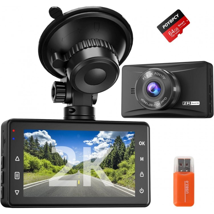 Dash Cam Front 2K with Free 64 GB SD Card 1440P Quad HD Dash Camera for Cars 3'' IPS Screen Dashboard Driving Recorder with Superb Night Vision,170° Wide Angle,G-Sensor,WDR,Loop Record,Park Mode,USB C