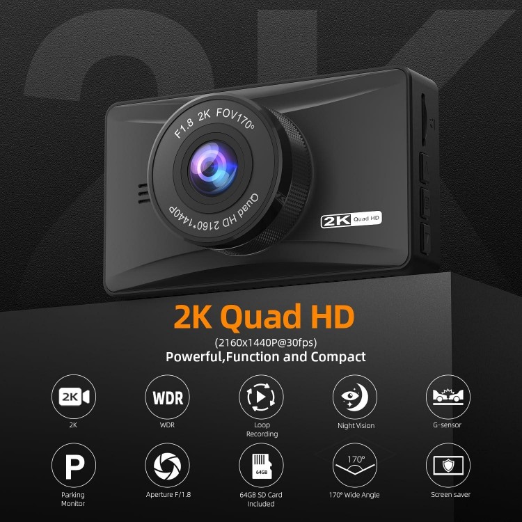 Dash Cam Front 2K with Free 64 GB SD Card 1440P Quad HD Dash Camera for Cars 3'' IPS Screen Dashboard Driving Recorder with Superb Night Vision,170° Wide Angle,G-Sensor,WDR,Loop Record,Park Mode,USB C