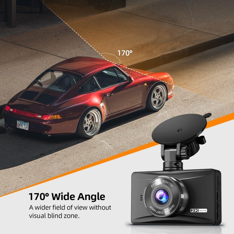 Dash Cam Front 2K with Free 64 GB SD Card 1440P Quad HD Dash Camera for Cars 3'' IPS Screen Dashboard Driving Recorder with Superb Night Vision,170° Wide Angle,G-Sensor,WDR,Loop Record,Park Mode,USB C