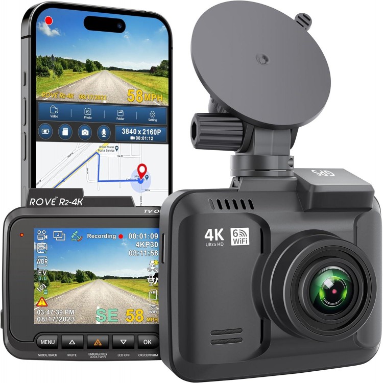 ROVE R2-4K Dash Cam Built-in WiFi GPS Car Dashboard Camera Recorder with UHD 2160P, 2.4 IPS Screen, 150° Wide Angle, WDR, Night Vision