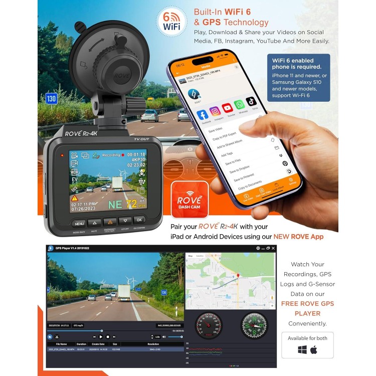 ROVE R2-4K Dash Cam Built-in WiFi GPS Car Dashboard Camera Recorder with UHD 2160P, 2.4 IPS Screen, 150° Wide Angle, WDR, Night Vision