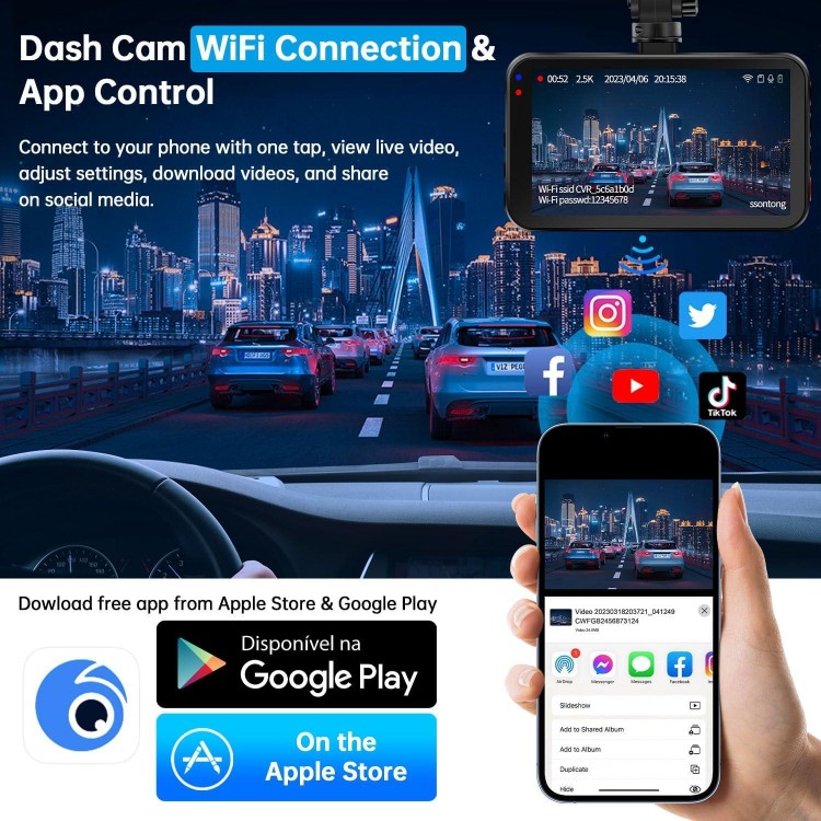 Dash Cam Front and Rear, Dash Camera for Cars WiFi/APP Control Dual Dashcam W/ 64GB Card, 2.5K Dash Cam Front+1080P Rear Car Camera W/Super Night Vision, Loop Recording, G-Sensor, Max Support 256GB