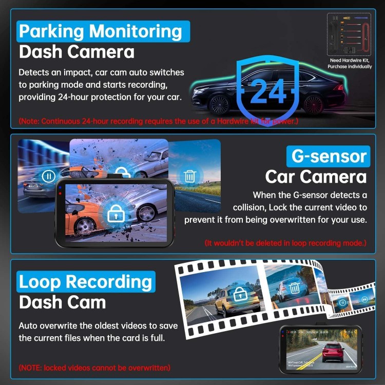 Dash Cam Front and Rear, Dash Camera for Cars WiFi/APP Control Dual Dashcam W/ 64GB Card, 2.5K Dash Cam Front+1080P Rear Car Camera W/Super Night Vision, Loop Recording, G-Sensor, Max Support 256GB