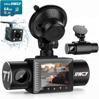 iiwey Dash Cam Front Rear and Inside 1080P Three Channels with IR Night Vision Car Camera SD Card Included Dashboard Camera Dashcam for Cars HDR Motion Detection and G-Sensor for Car, Taxi, Uber