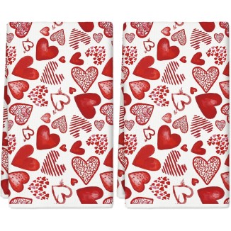 AnyDesign Valentine's Day Kitchen Towel Watercolor Red Hearts Dish Towels 18 x 28 Inch Watercolor Love Heart Hand Drying Tea Towel for Wedding Anniversary Cooking Baking, Set of 2
