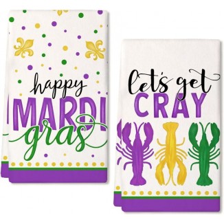 ARKENY Mardi Gras Kitchen Towels Set of 2,Purple Fleur De Lis Crayfish Dish Towels 18x26 Inch Drying Dishcloth,Farmhouse Home Mardi Gras Carnival Seasonal Holiday Decorations AD193