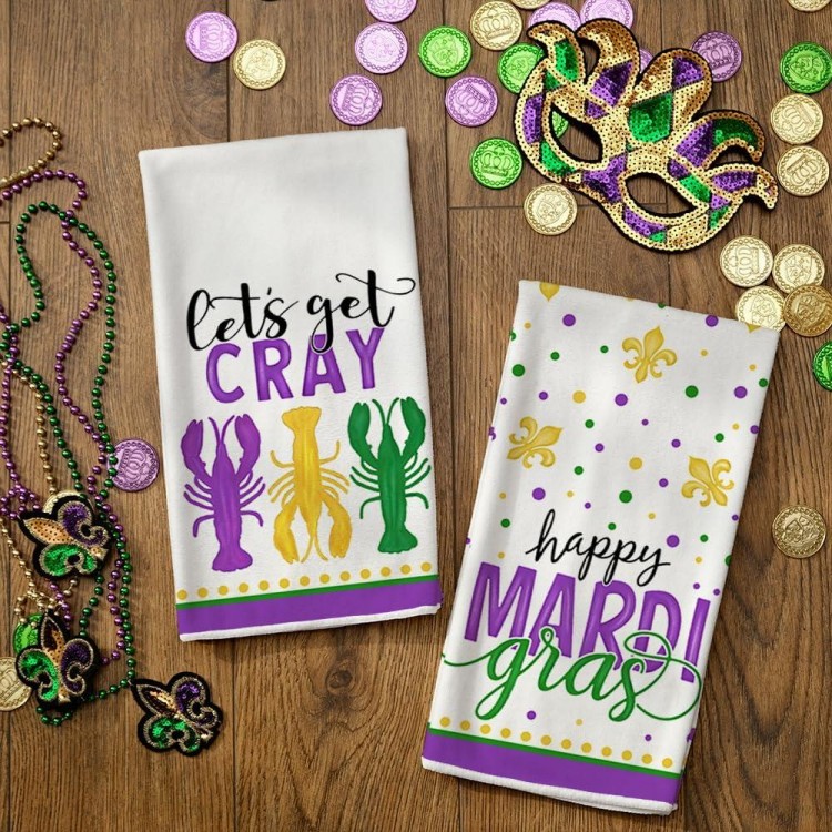 ARKENY Mardi Gras Kitchen Towels Set of 2,Purple Fleur De Lis Crayfish Dish Towels 18x26 Inch Drying Dishcloth,Farmhouse Home Mardi Gras Carnival Seasonal Holiday Decorations AD193