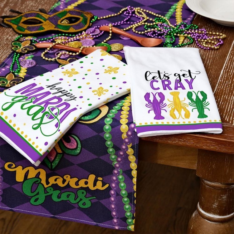 ARKENY Mardi Gras Kitchen Towels Set of 2,Purple Fleur De Lis Crayfish Dish Towels 18x26 Inch Drying Dishcloth,Farmhouse Home Mardi Gras Carnival Seasonal Holiday Decorations AD193