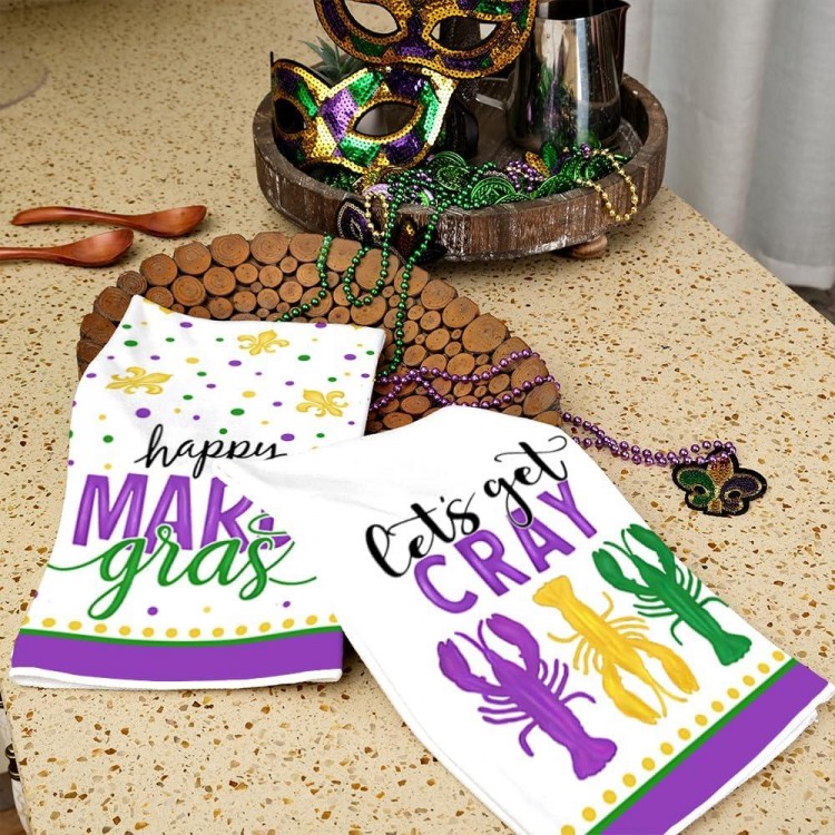 ARKENY Mardi Gras Kitchen Towels Set of 2,Purple Fleur De Lis Crayfish Dish Towels 18x26 Inch Drying Dishcloth,Farmhouse Home Mardi Gras Carnival Seasonal Holiday Decorations AD193