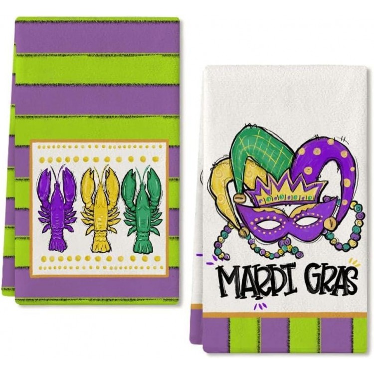 ARKENY Mardi Gras Kitchen Towels for Mardi Gras Decor Crawfish Masquerade Mask Dish Towels 18x26 Inch Ultra Absorbent Bar Drying Cloth Tea Sign Hand Towel for Mardi Gras Carnival Decorations Set of 2