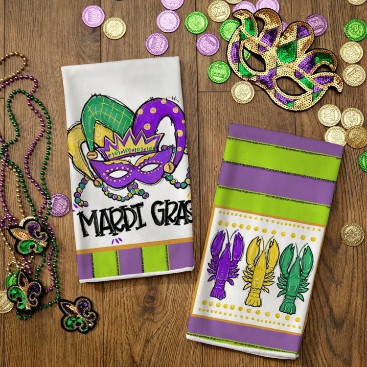 ARKENY Mardi Gras Kitchen Towels for Mardi Gras Decor Crawfish Masquerade Mask Dish Towels 18x26 Inch Ultra Absorbent Bar Drying Cloth Tea Sign Hand Towel for Mardi Gras Carnival Decorations Set of 2