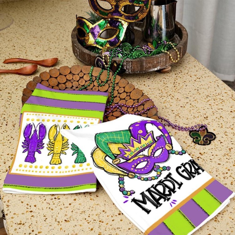 ARKENY Mardi Gras Kitchen Towels for Mardi Gras Decor Crawfish Masquerade Mask Dish Towels 18x26 Inch Ultra Absorbent Bar Drying Cloth Tea Sign Hand Towel for Mardi Gras Carnival Decorations Set of 2